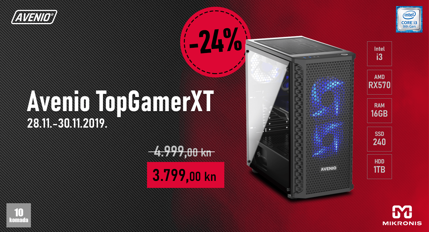 Black friday popust na stolno gaming računalo Avenio TopGamerXT